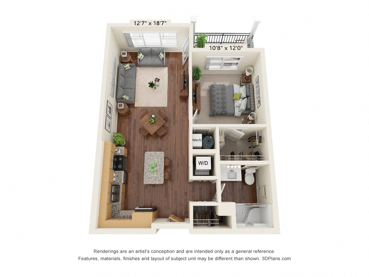Floor plan for 1 bed, 1 bath, 700 sqft
